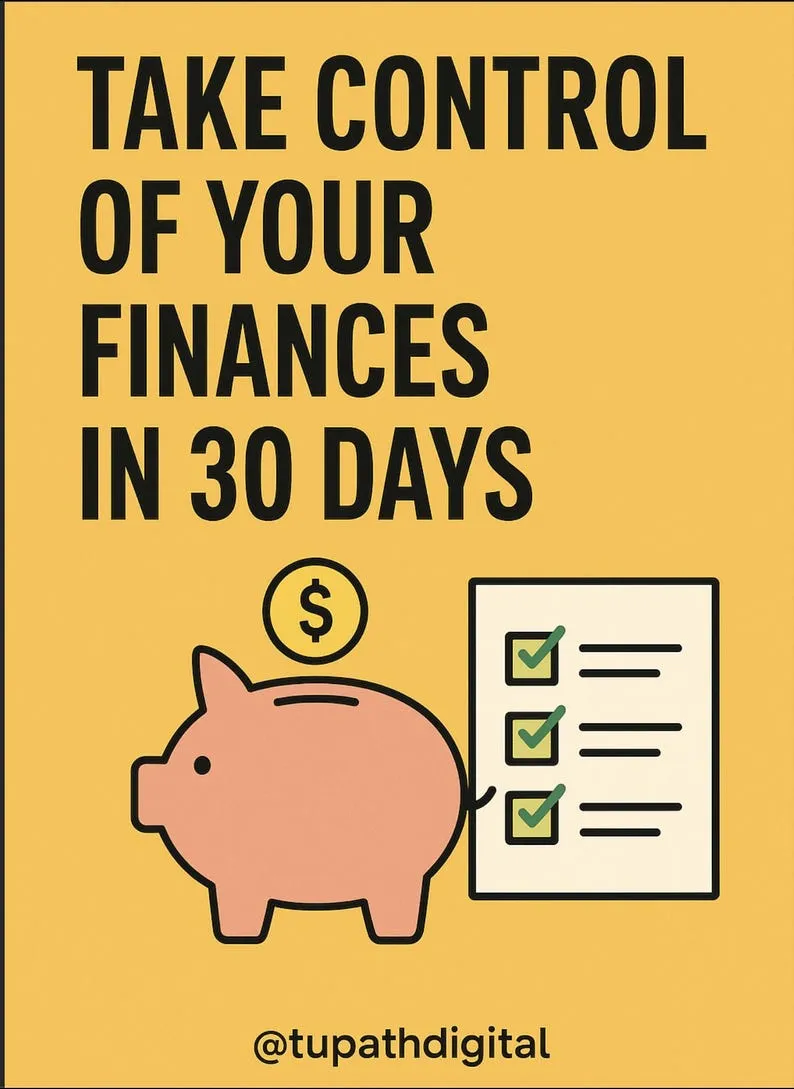 Cover: Take control of your finances in 30 days, a yellow cover with a piggy bank and a checklist.