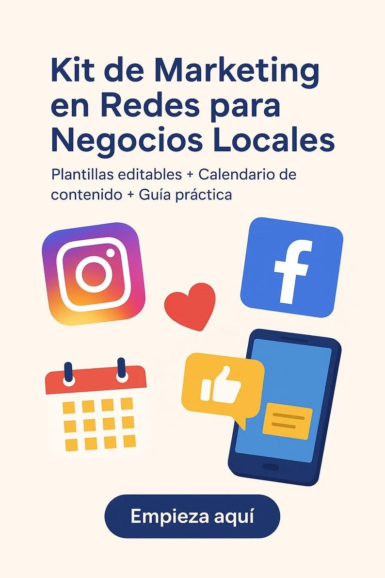 Cover: Social media marketing kit for local businesses, with Instagram and Facebook icons, a calendar and a phone.