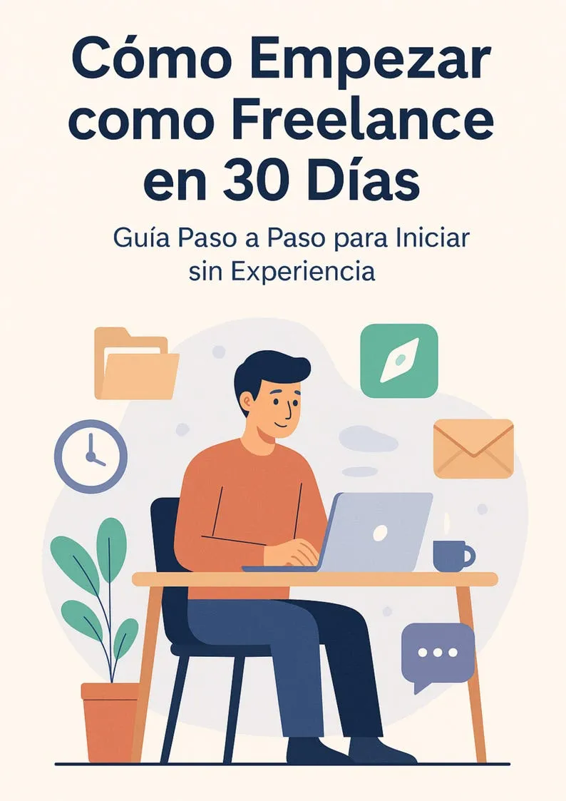 Cover: How to start as a freelancer in 30 days, an illustration of a person working at a laptop.