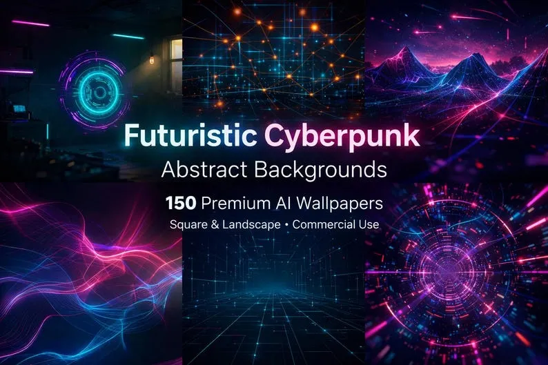 Cover: Futuristic Cyberpunk abstract backgrounds, a mosaic of neon grids, waves and tunnels.
