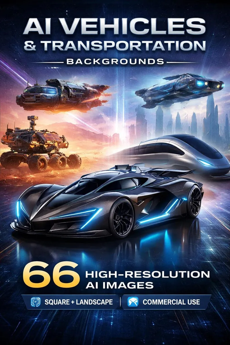 Cover: AI Vehicles and Transportation backgrounds, with a black hypercar, a hover craft, a rover and a bullet train.