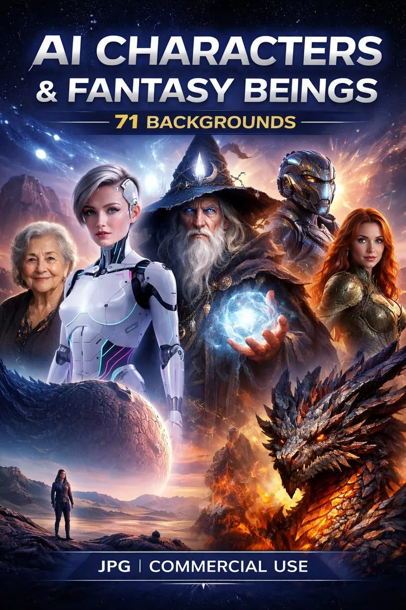 Cover: AI Characters and Fantasy Beings, a wizard, a robot, a warrior and a dragon in a starry sky.