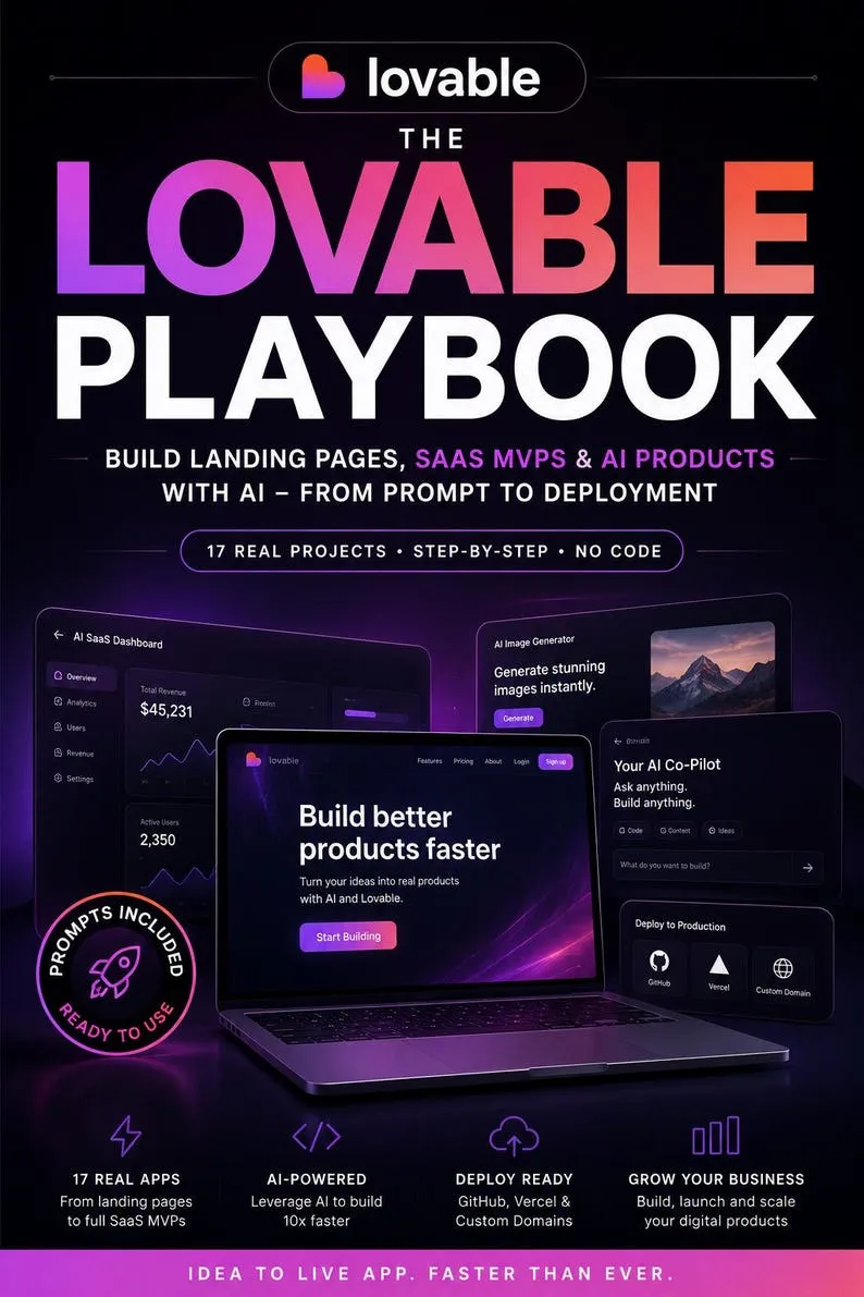 Cover: The Lovable Playbook, a dark purple poster with an app dashboard on a laptop and the line from prompt to deployment.