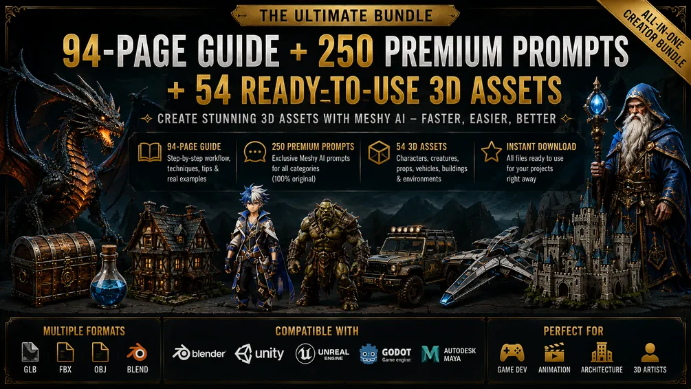 Cover: The Ultimate Bundle, a 94-page guide, 250 prompts and 54 ready-to-use 3D assets, with a dragon, a wizard, a castle and a spaceship.