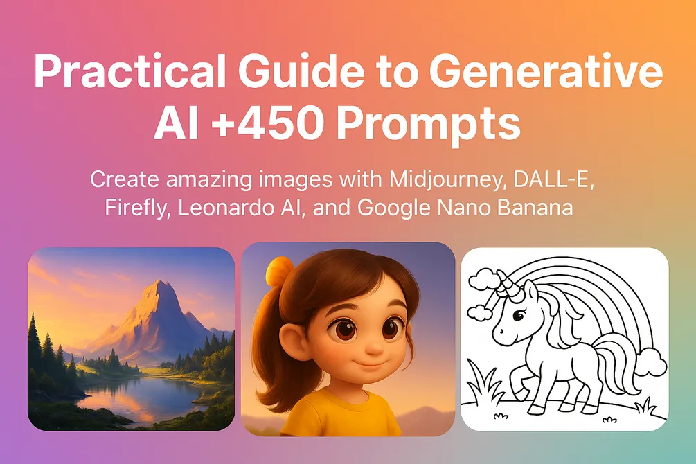 Cover: Practical Guide to Generative AI plus 450 prompts, showing a mountain landscape, an animated girl portrait and a unicorn line drawing on a pink and orange gradient.