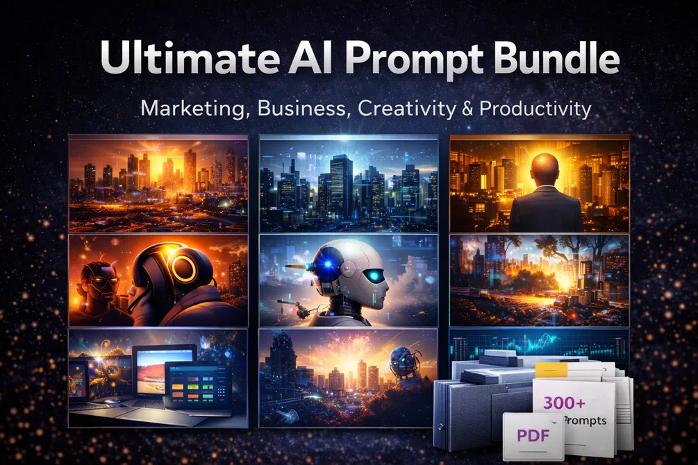Cover: Ultimate AI Prompt Bundle, a grid of glowing city and robot scenes with a stack of PDF prompt files.